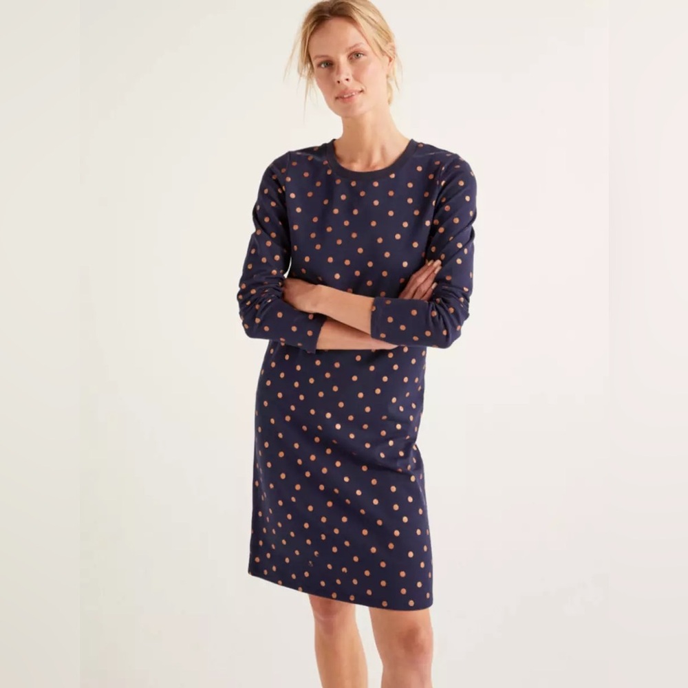 Boden NWOT Hotsell Sweatshirt Dress Navy Rose Gold Polka Dots Long Sleeves 10R